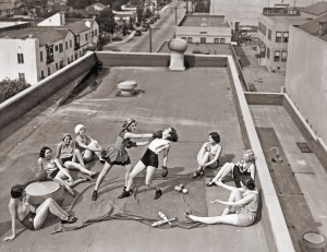 Women boxing on a roof, ca. 1930s